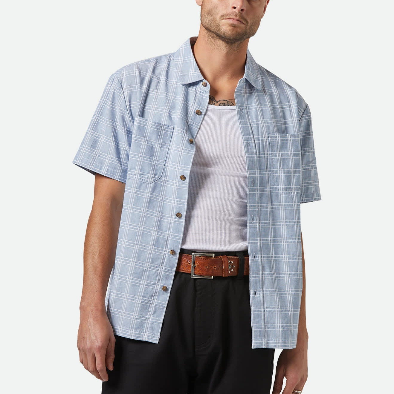 Brixton - Cru Oxford Plaid S/S Woven Blue/White